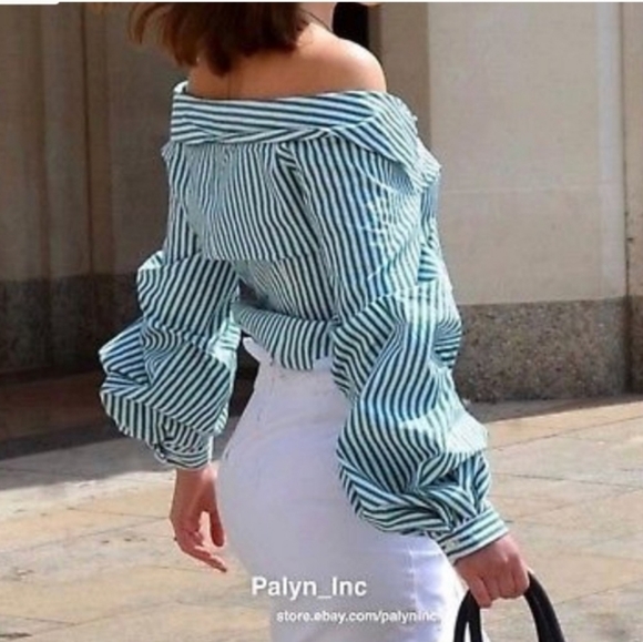 NWT Zara Green Striped Wide Open Neck Over the Shoulder Blouse Shirt puff Sleeve - Picture 2 of 16